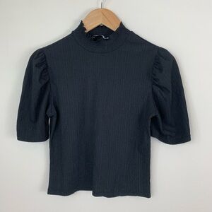 Pull&Bear Black Textured Puff Sleeve Blouse